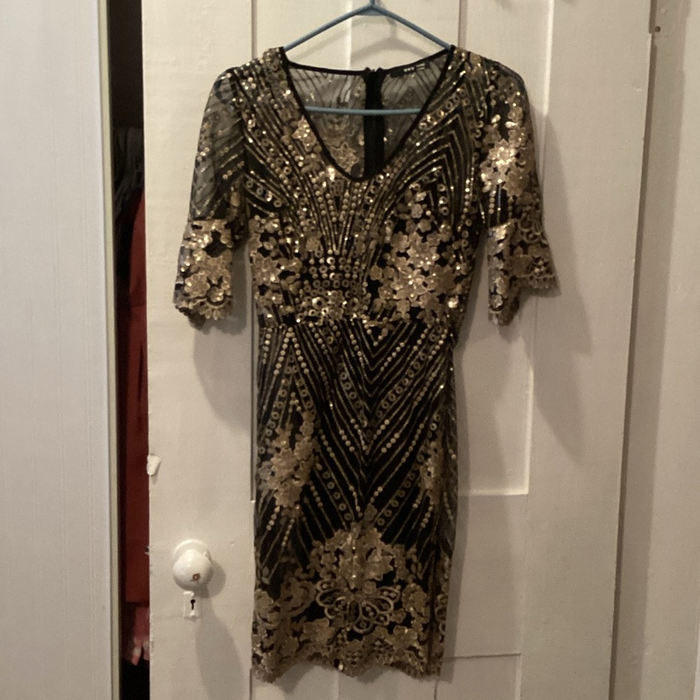 TFNC Black and Gold Embellished Midi Dress